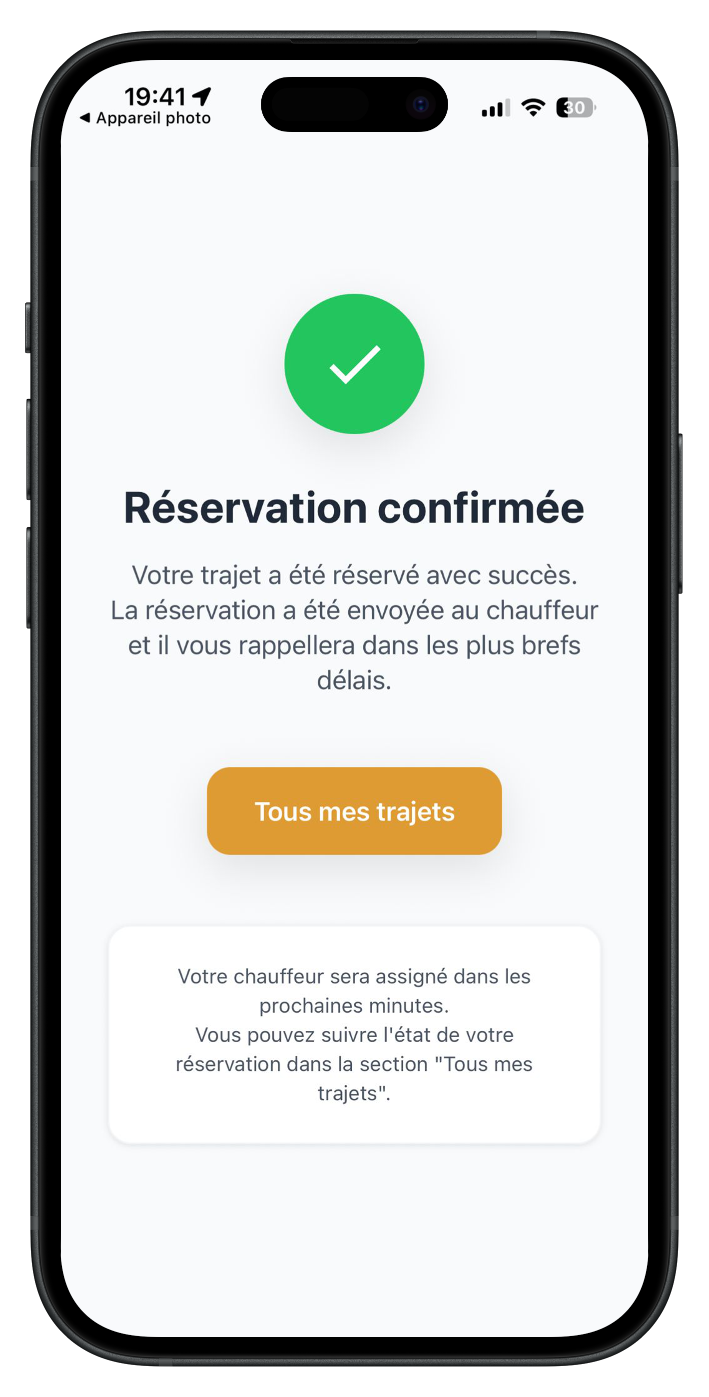 Écran de confirmation de réservation dans l'application MonChauffeurVIP