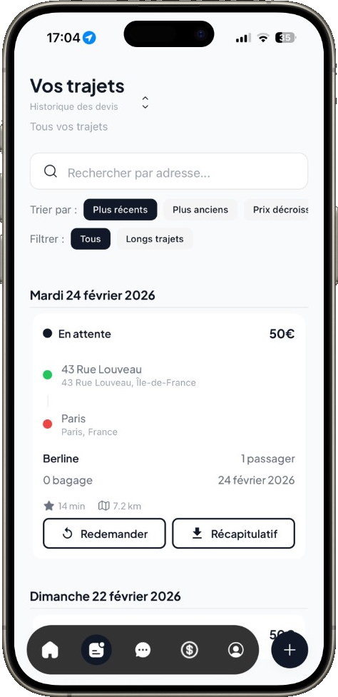 Historique des devis enregistrés dans l'application MonChauffeurVIP