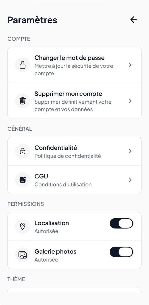 Paramètres de l'application MonChauffeurVIP en français