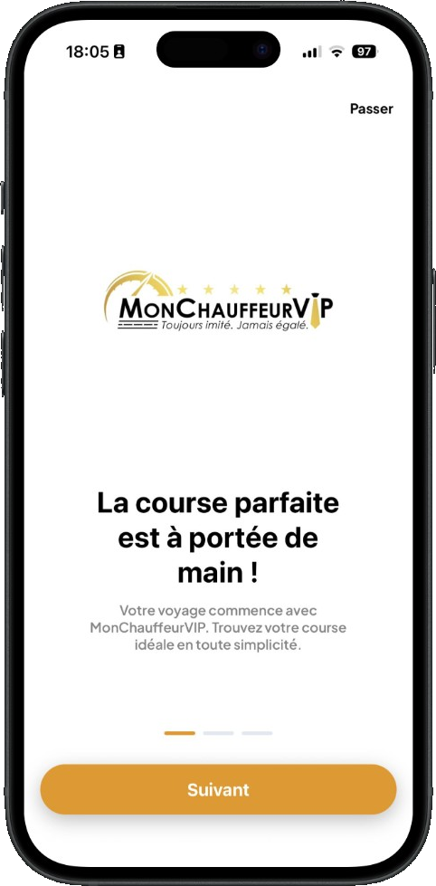 Écran d'accueil MonChauffeurVIP — onboarding