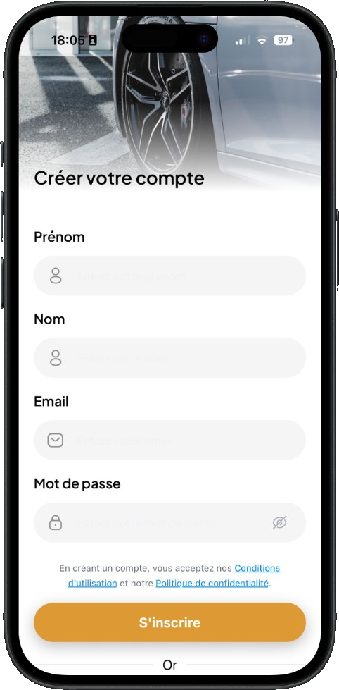 Écran de création de compte MonChauffeurVIP