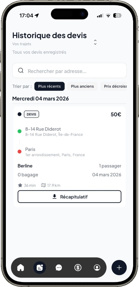 Historique de vos trajets dans l'application MonChauffeurVIP