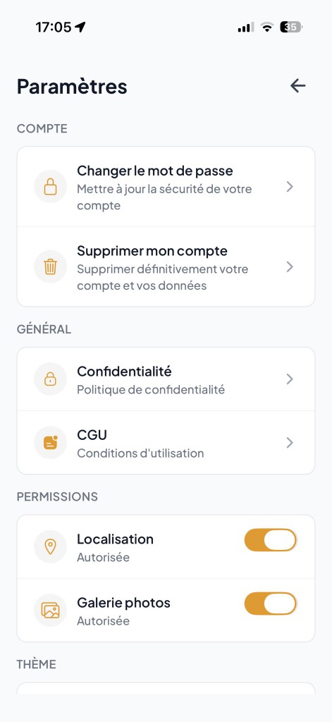 Aperçu du thème clair dans l'application MonChauffeurVIP